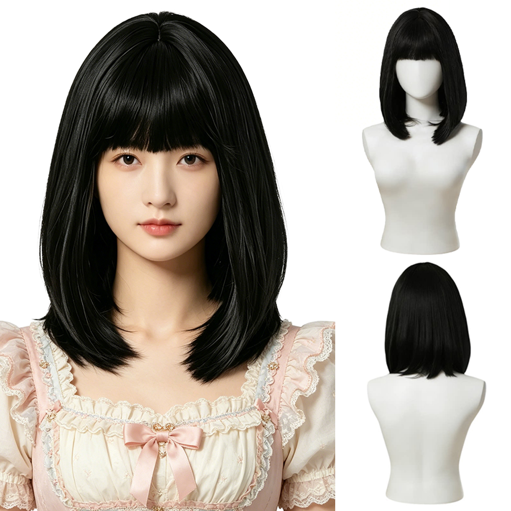Hair Care High End - วิกผมบ๊อบสีดำธรรมชาติพร้อมหน้าม้า ปลายผมหยิก ทนความร้อน ผมสังเคราะห์ ดูแลง่าย สำหรับผู้หญิง